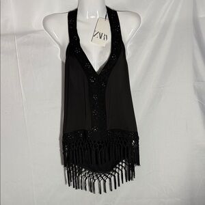 Zara Elegant Black Halter Top with Fringe